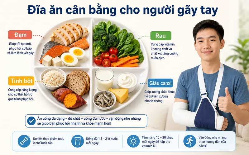 Khẩu phần phục hồi nên đủ năng lượng, đa dạng và kết hợp protein, canxi, vitamin D cùng rau quả.