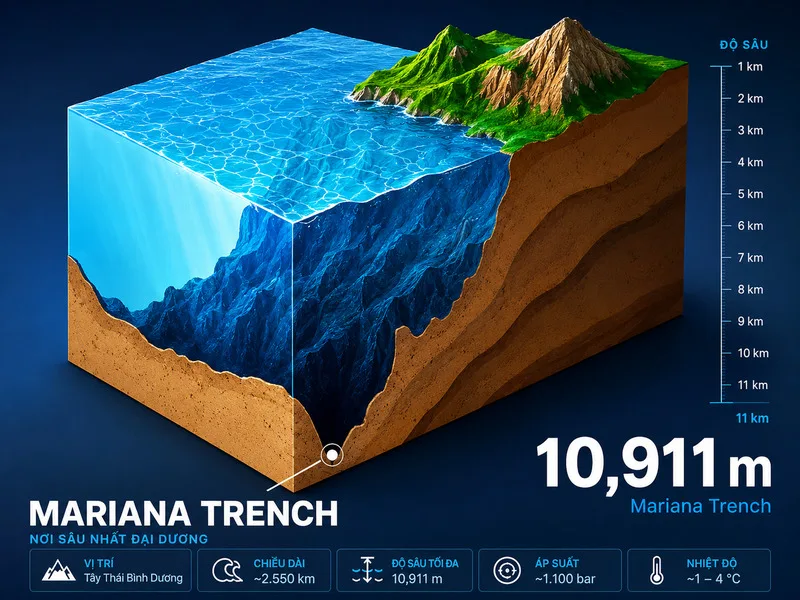 Rãnh Mariana nằm ở phía tây Thái Bình Dương và chứa Challenger Deep, điểm sâu nhất đã biết của đại dương.