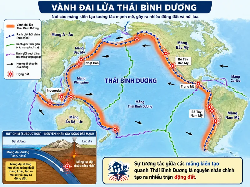 Sự tương tác giữa các mảng kiến tạo quanh Thái Bình Dương là nguyên nhân chính tạo ra nhiều trận động đất.