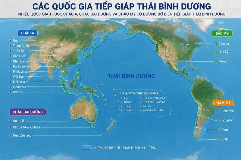Nhiều quốc gia thuộc châu Á, châu Đại Dương và châu Mỹ có đường bờ biển tiếp giáp Thái Bình Dương.