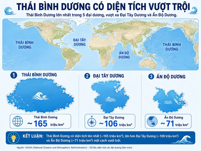 Thái Bình Dương có diện tích lớn nhất trong năm đại dương và vượt xa Đại Tây Dương cùng Ấn Độ Dương.