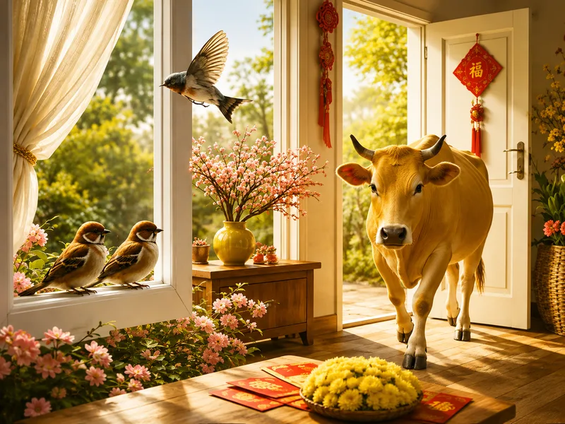 Hình ảnh bò vàng bước vào nhà thường được dân gian xem là biểu tượng của may mắn và tài lộc ghé đến