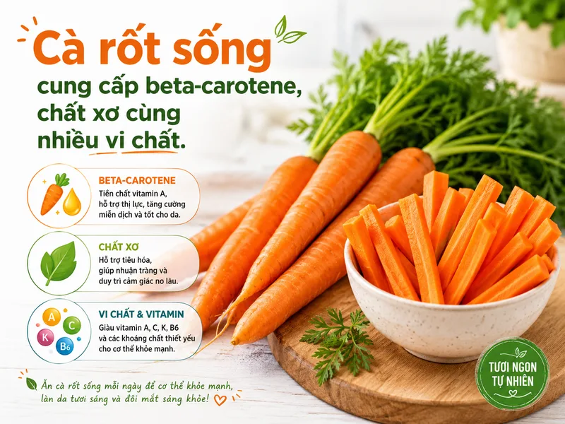 Cà rốt sống cung cấp beta-carotene, chất xơ cùng nhiều vi chất.